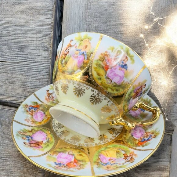 NC Western Germany Love Story Set Teacup Saucer Set Fine Porcelain Heavy Gold - Picture 2 of 16